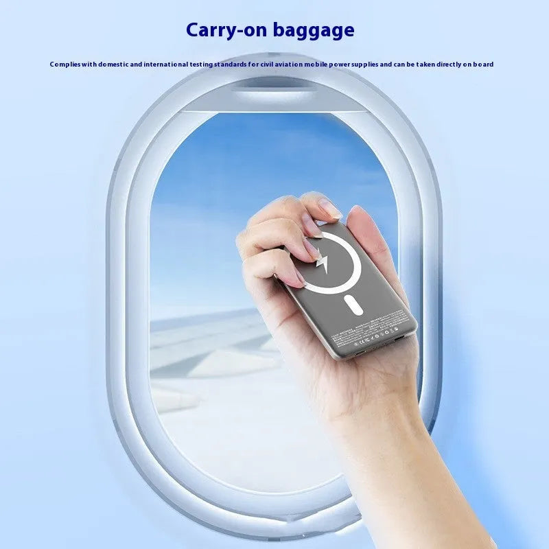 Gun gray magnetic wireless power bank with alloy shell showing ultra-thin 9mm profile and rectangular 103mm × 68.8mm dimensions