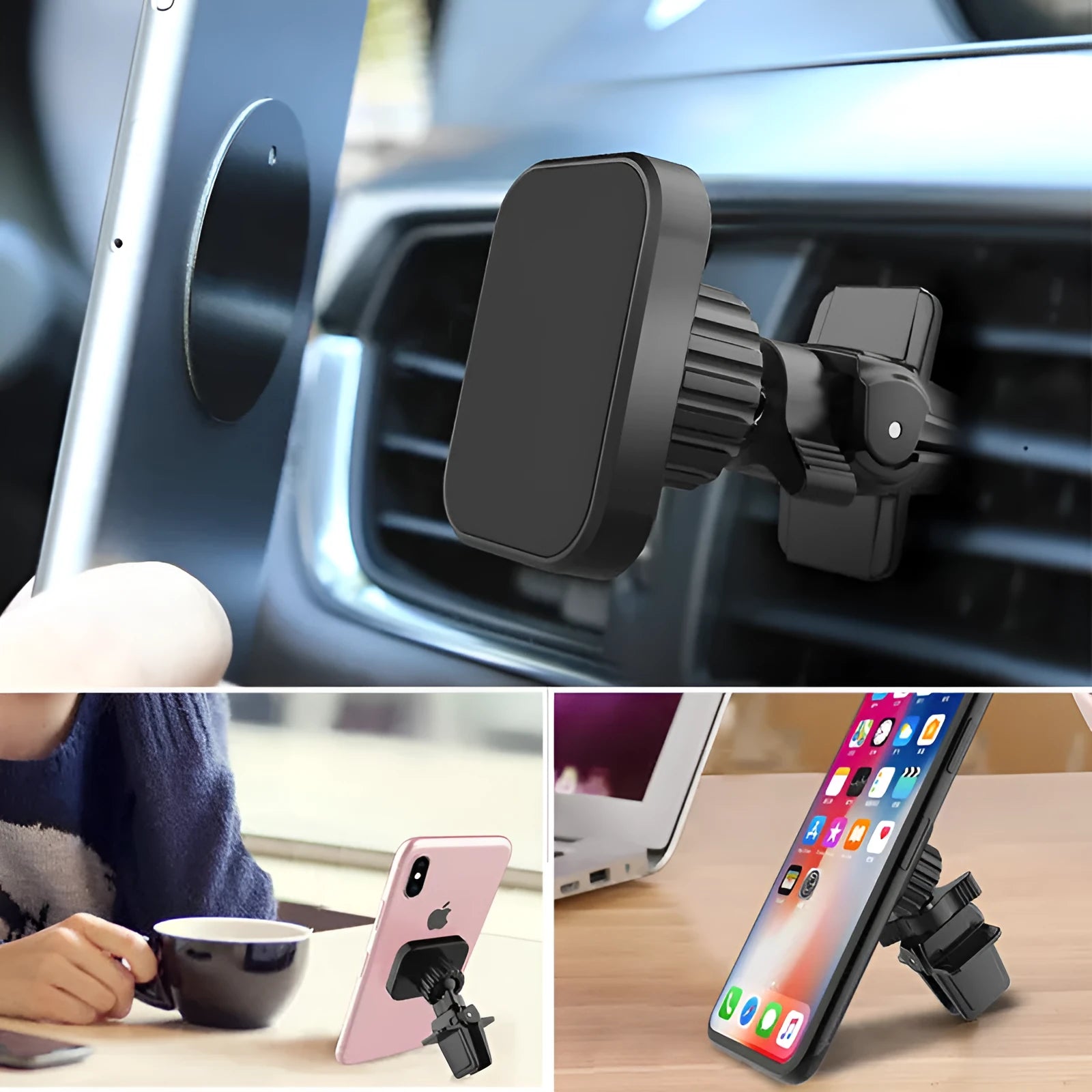 Black magnetic car phone holder attached to a vehicle air vent, showing round head design.