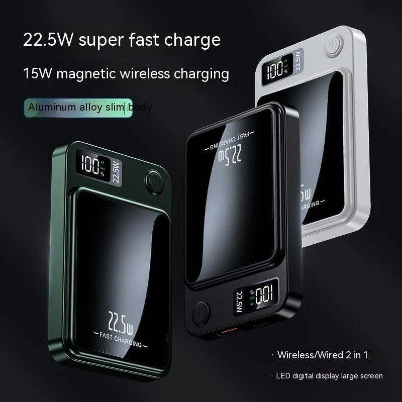 Magnetic wireless super fast power bank plastic shell 98x64x15mm in black colour on white background