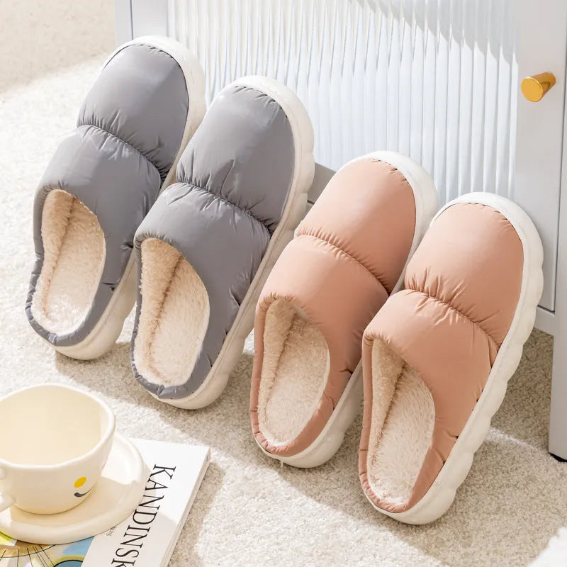 Down cotton slippers with rubber soles and artificial leather uppers in multiple colours