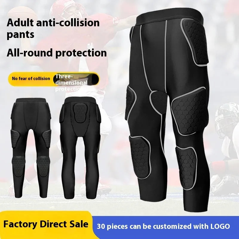 Adult knee anti-collision compression pants in black with black line, cropped leg, sports protective gear
