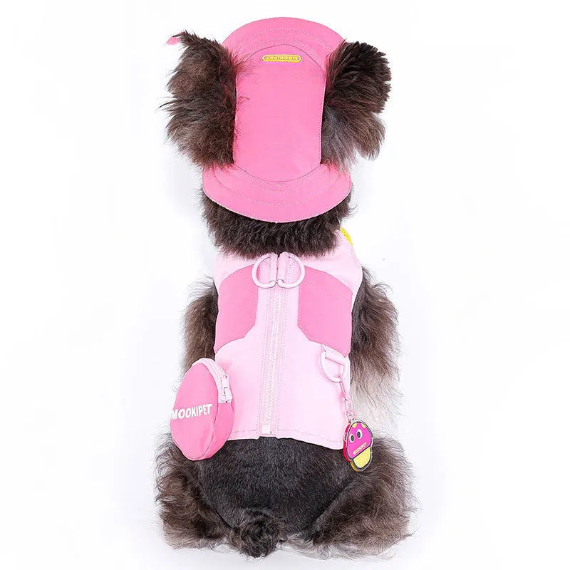 Pink polyester pet vest for small dog breeds on mannequin showing casual pull-on style