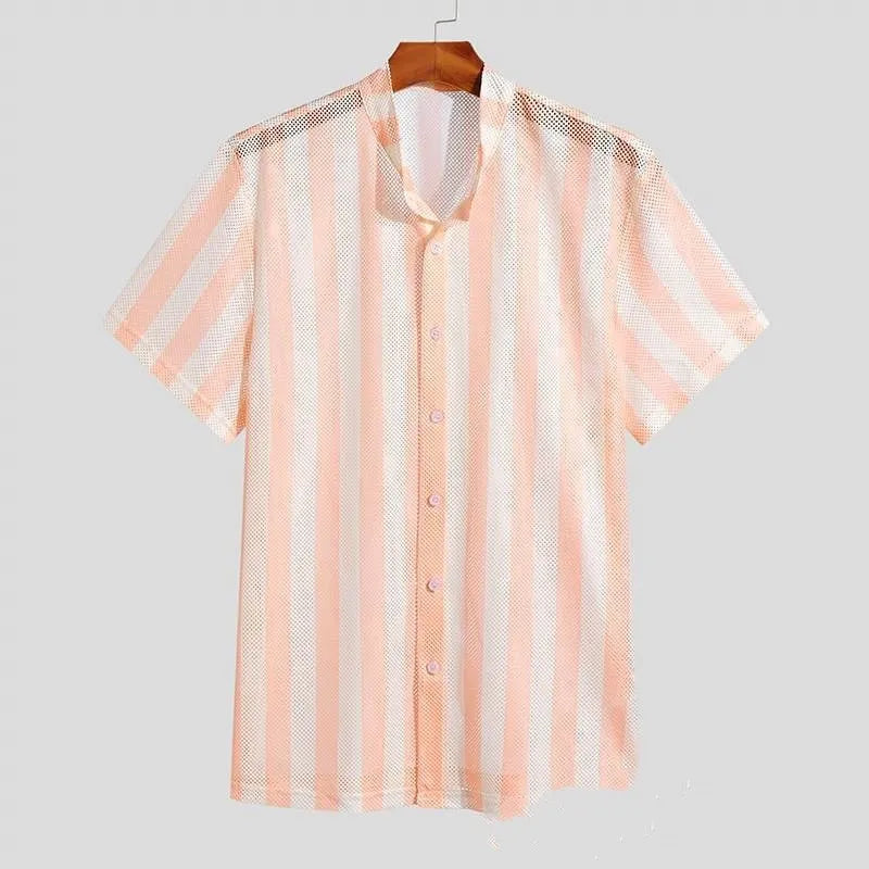 Men's pink waffle weave summer shirt with cardigan-style open front and short sleeves