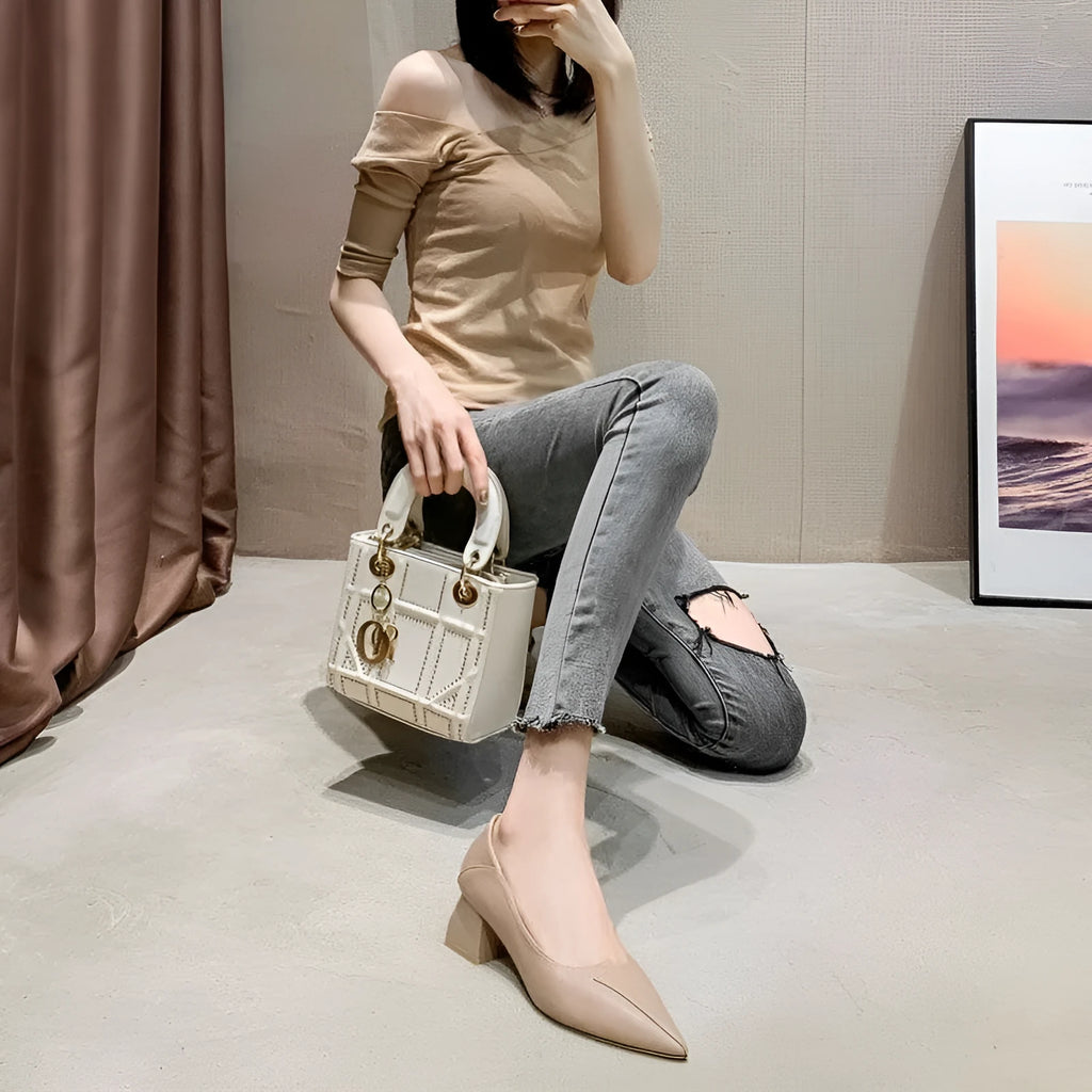 Apricot women's pointed toe chunky heel work shoes with 5cm heel on a white background