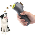 Grey pet snack catapult launcher for dog and cat training, showing handle and treat compartment