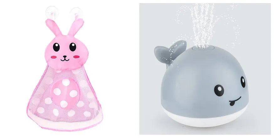 Electric whale-shaped bath spray toy with water-activated automatic spray, LED lights, and floating capability