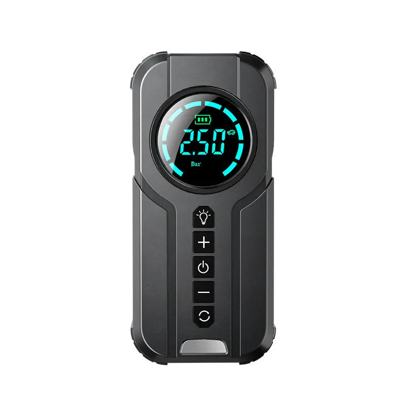 Black portable wireless vehicle air pump with digital display, 13cm hose, and accessories on a grey background