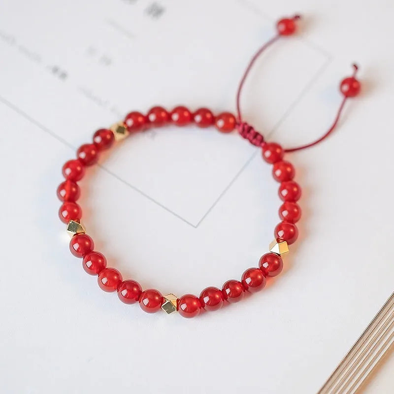 Women's Natural Red Agate Beads Bracelet Hand-woven Unisex Diamond Shape Electroplated Finish Ethic Style Lucky Bag Element Four Styles Available