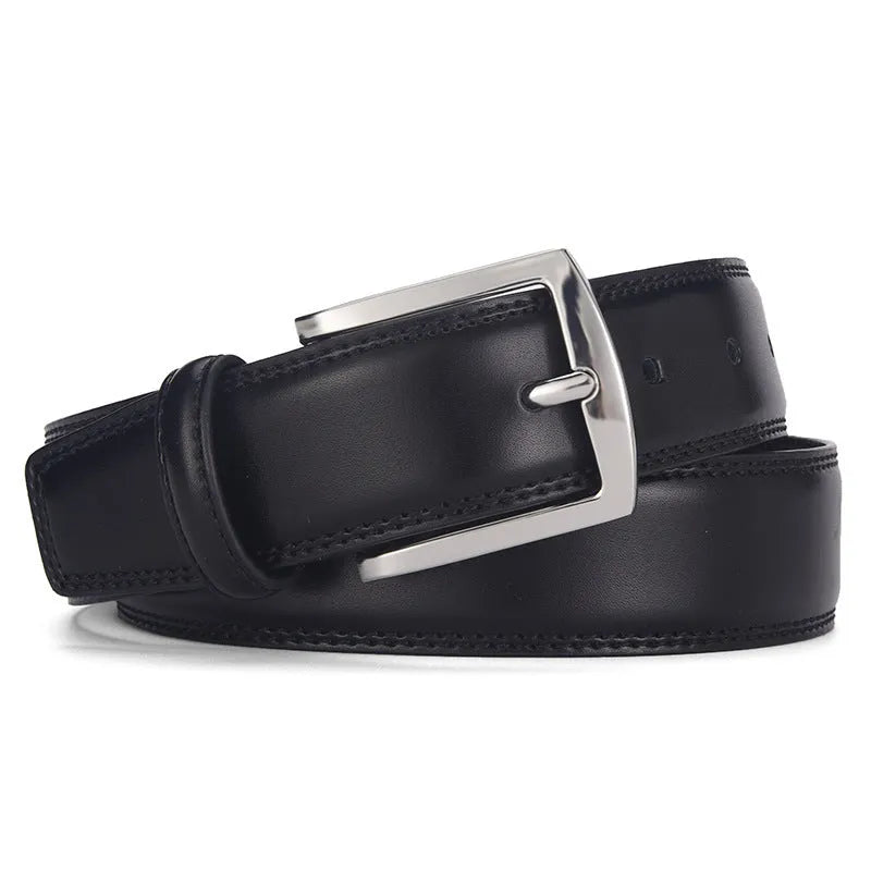 Men's genuine leather belt with an alloy pin buckle shown in a classic brown colour.