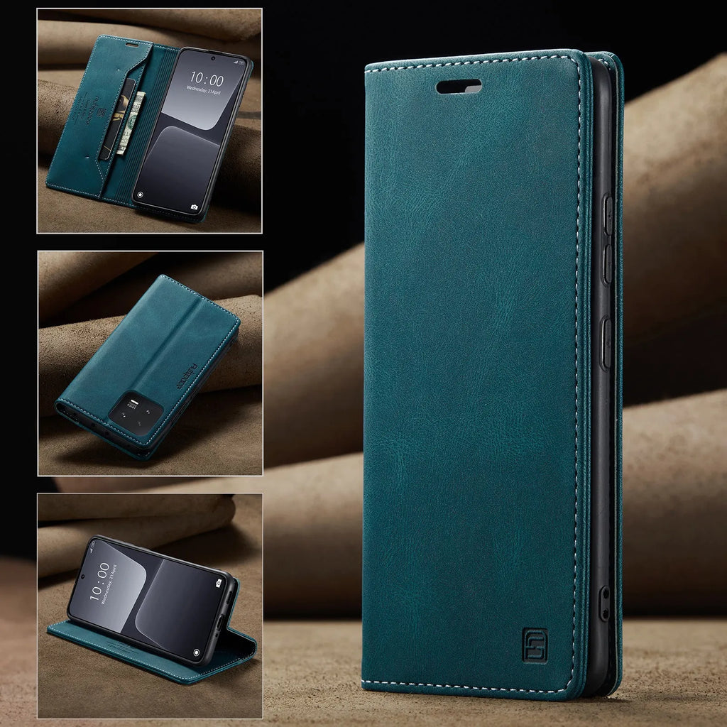 Frosted vintage flip leather phone case for Xiaomi 14 in black with front cover open