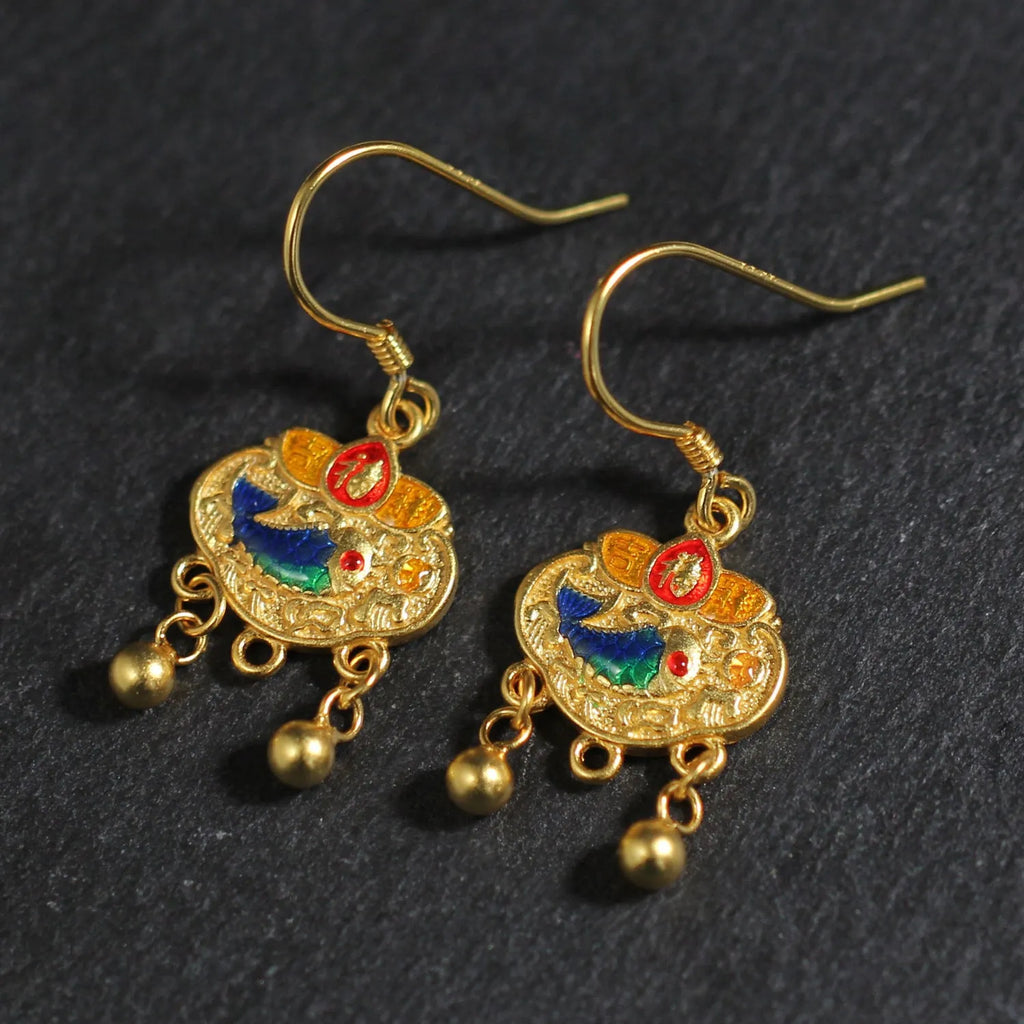 Pair of 925 silver Chinese style auspicious lock eardrops with koi carp and text motif on ear hook fitting