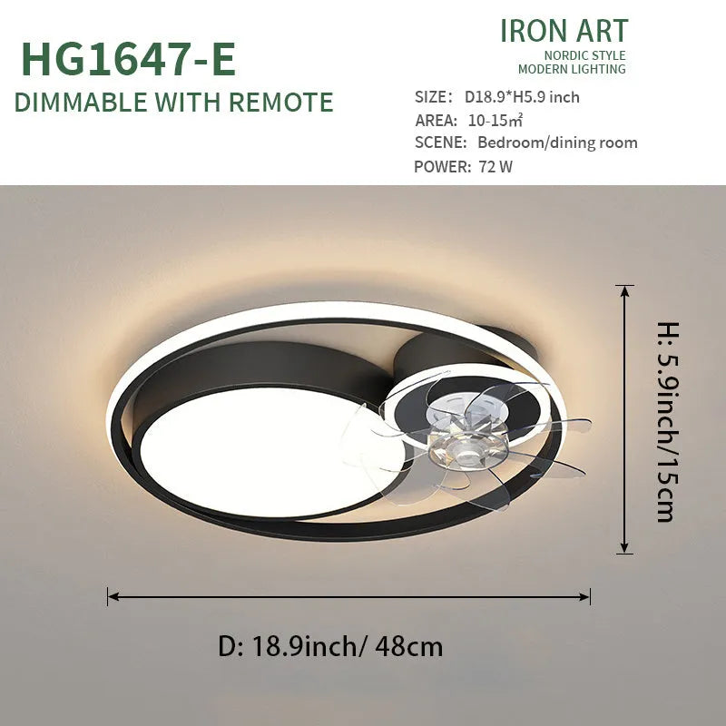 48cm diameter ceiling fan with light in Nordic style, featuring metal blades and an acrylic lampshade.