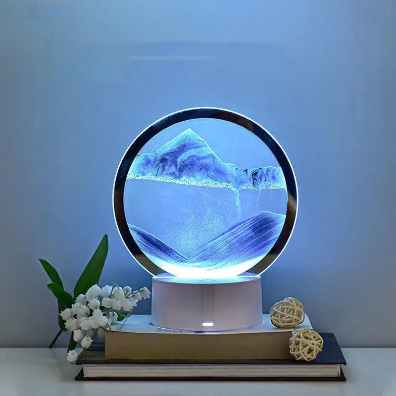 Creative 3D quicksand touch table lamp with glass shade in blue, orange, purple, or red light.