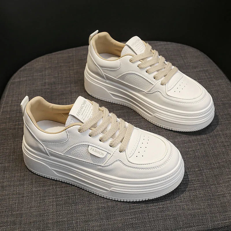 Platform thick sole casual sports skate shoes, cross shoulder straps, black and khaki, low top, round head, rubber sole