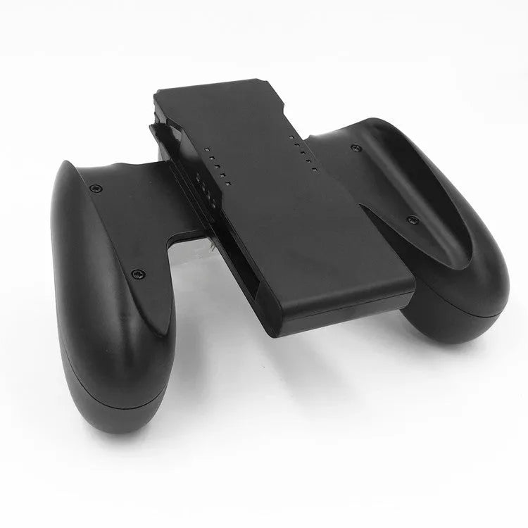 Black Nintendo Switch Joy-Con handle grip made from ABS plastic, shown with two Joy-Cons attached and a bracket on the bottom