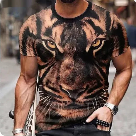 Men's black T-shirt with a large, detailed 3D lion print on the chest