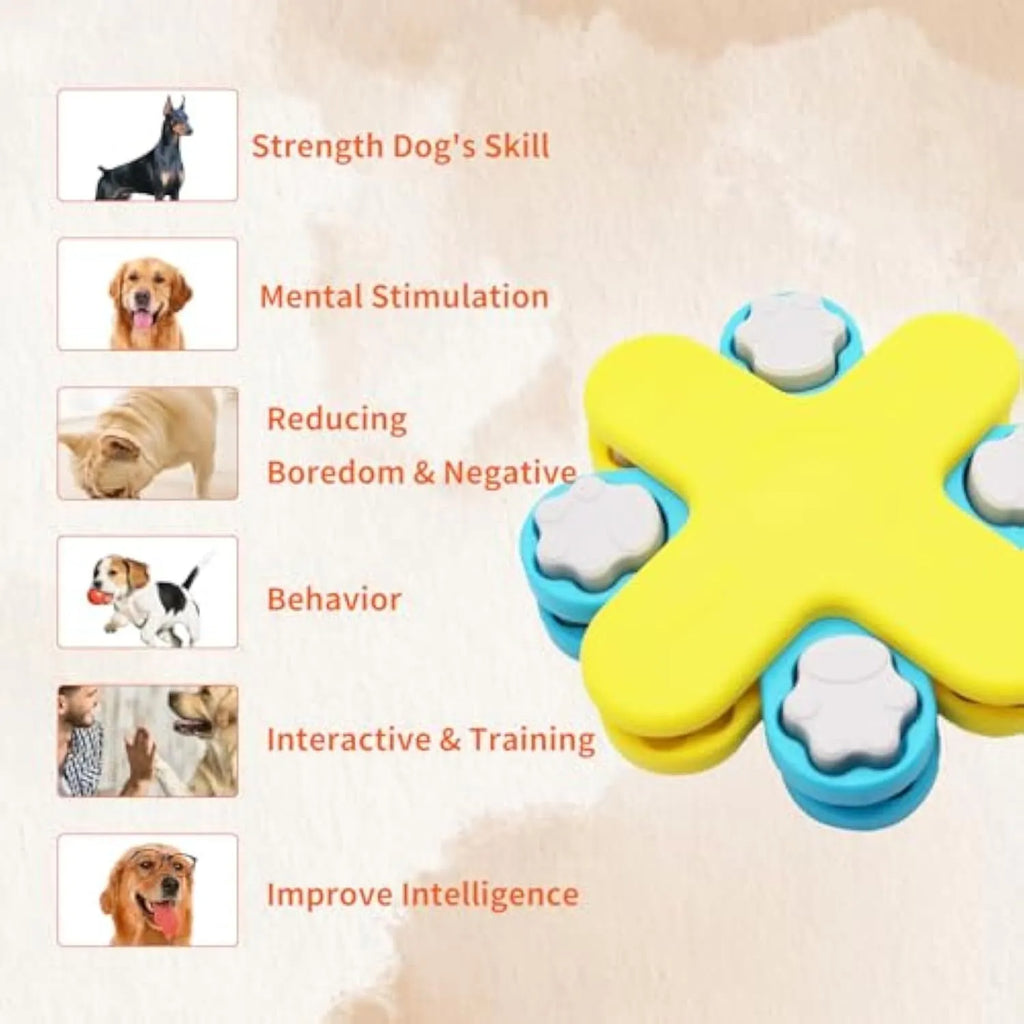 Yellow three-layer rotating dog puzzle feeder toy with anti-slip rubber pads on base
