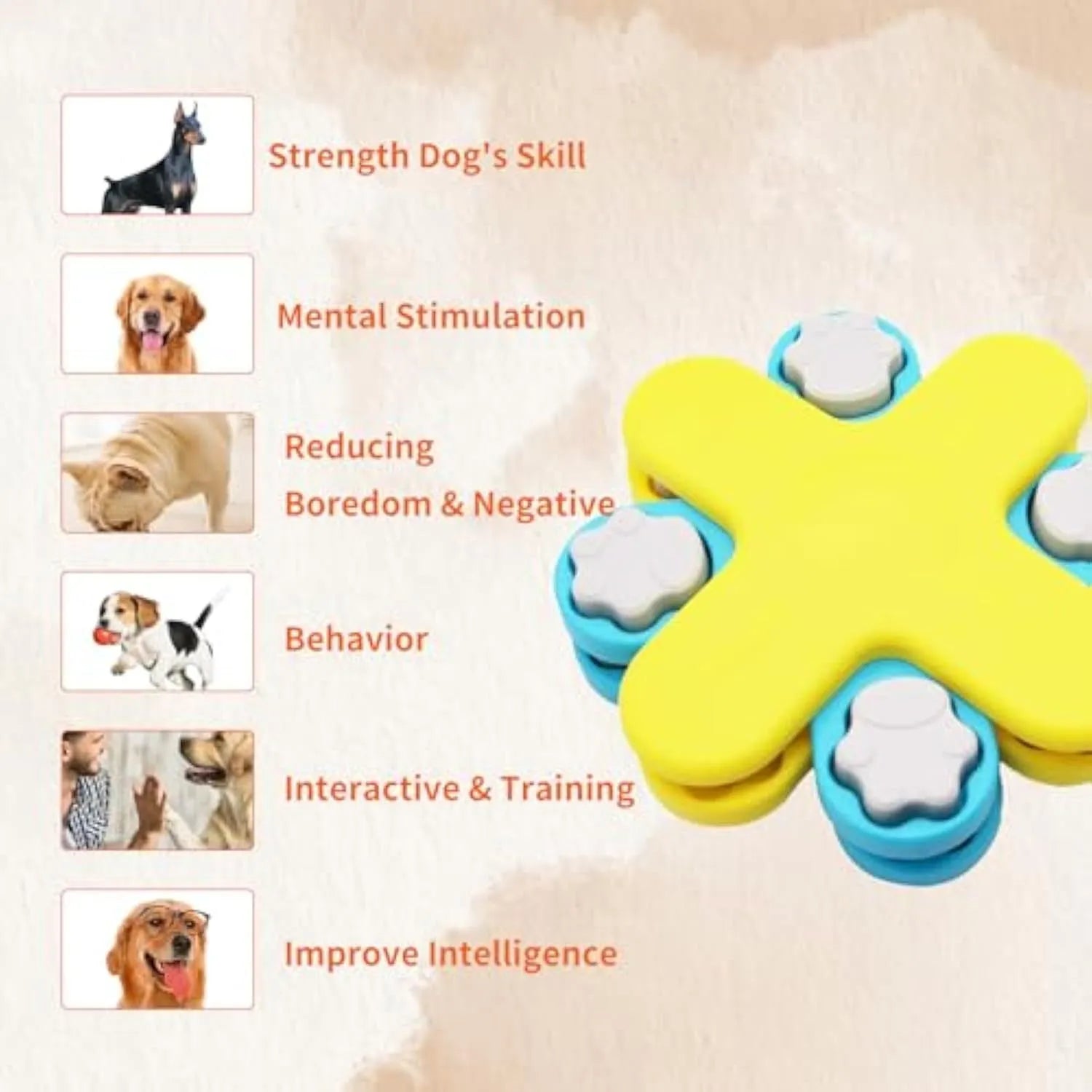 Yellow three-layer rotating dog puzzle feeder toy with anti-slip rubber pads on base