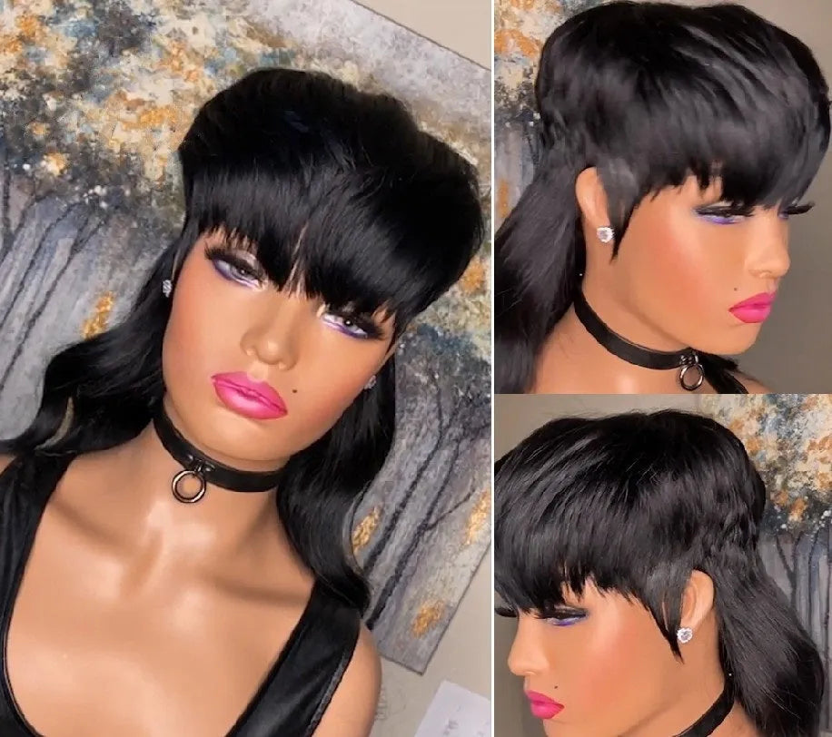 Black Brazilian synthetic wig with fringe bangs and long back layers.