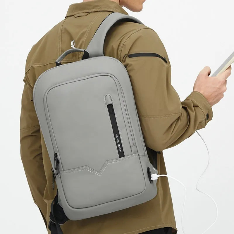 Gray business lightweight multifunctional backpack with USB port for men, Oxford cloth, solid colour