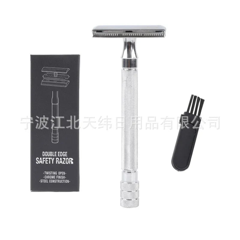 Traditional manual shaving razor with brush combination set in black or silver finish