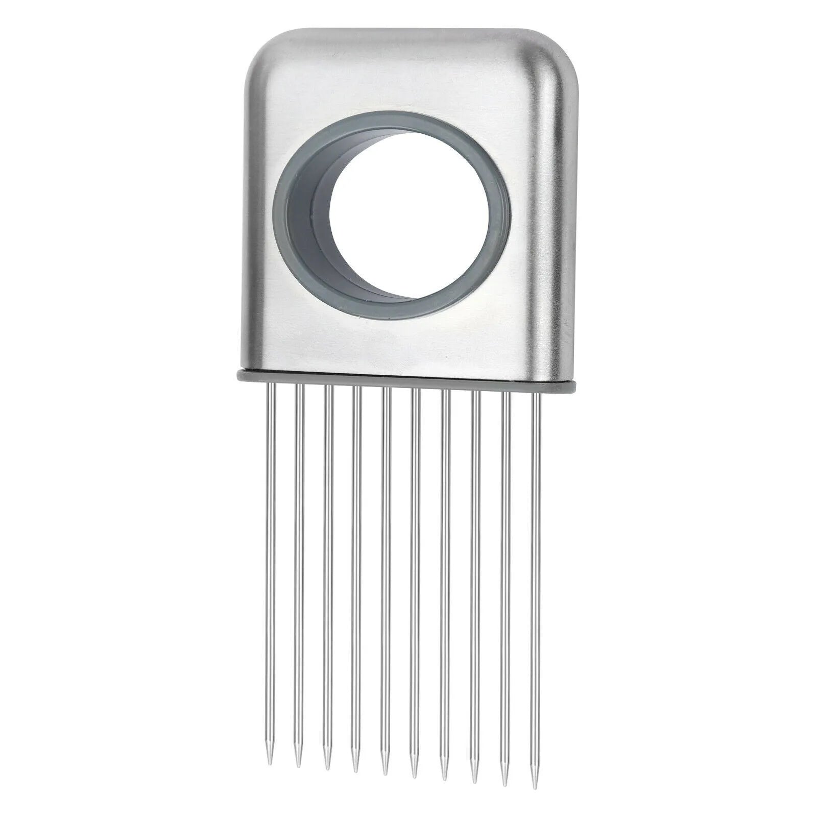 Stainless steel onion holder slicer with ultra-sharp prongs and finger guard for kitchen vegetable cutting