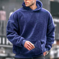 Men's lamb wool fleece-lined hooded sweater in solid colour with patch pockets, loose fit, available in white black navy blue