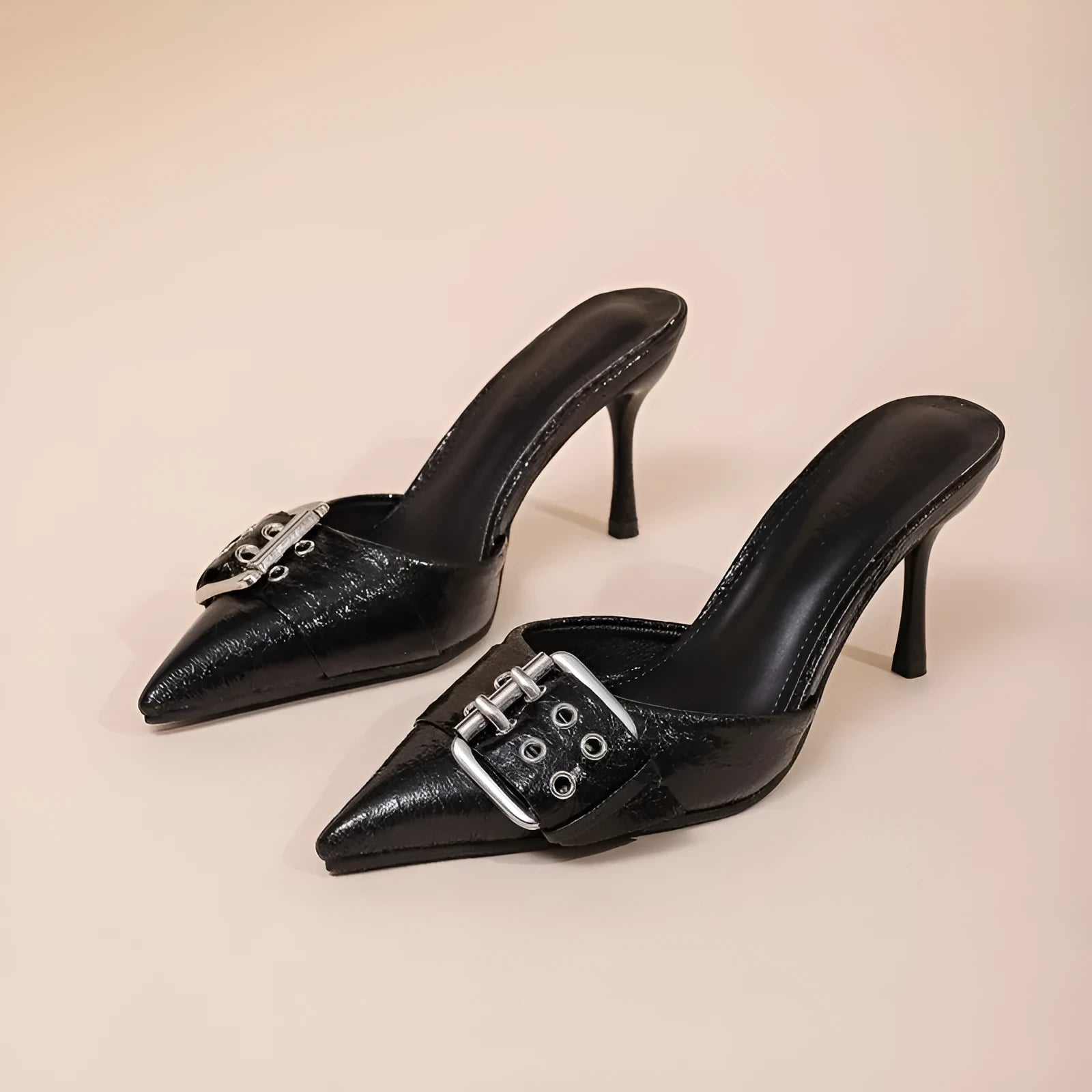 Black women's pointed strap high heels with buckle decoration on upper
