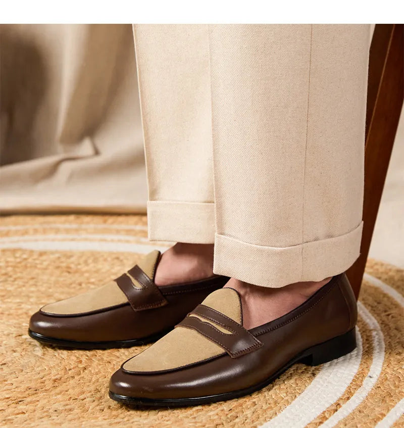 Coffee grey Belgian loafers slip-on shoes with high-gloss suede leather upper and rubber sole
