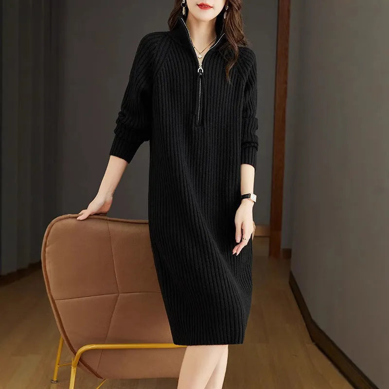 Beige woolen straight dress skirt with half zipper and stand collar, Japanese Korean casual style