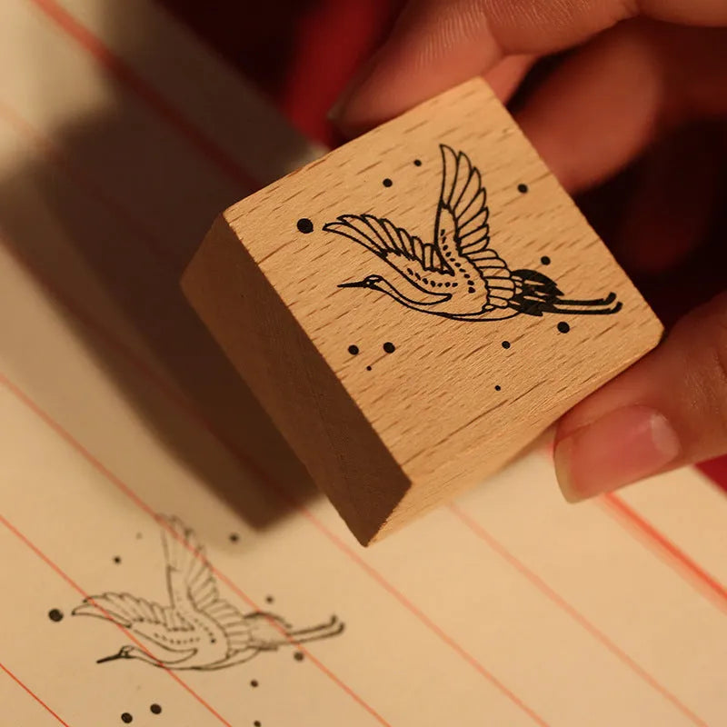 Mr. Paper wooden seal set, Huahegui series, with crane design on wood and rubber stamp for DIY printing