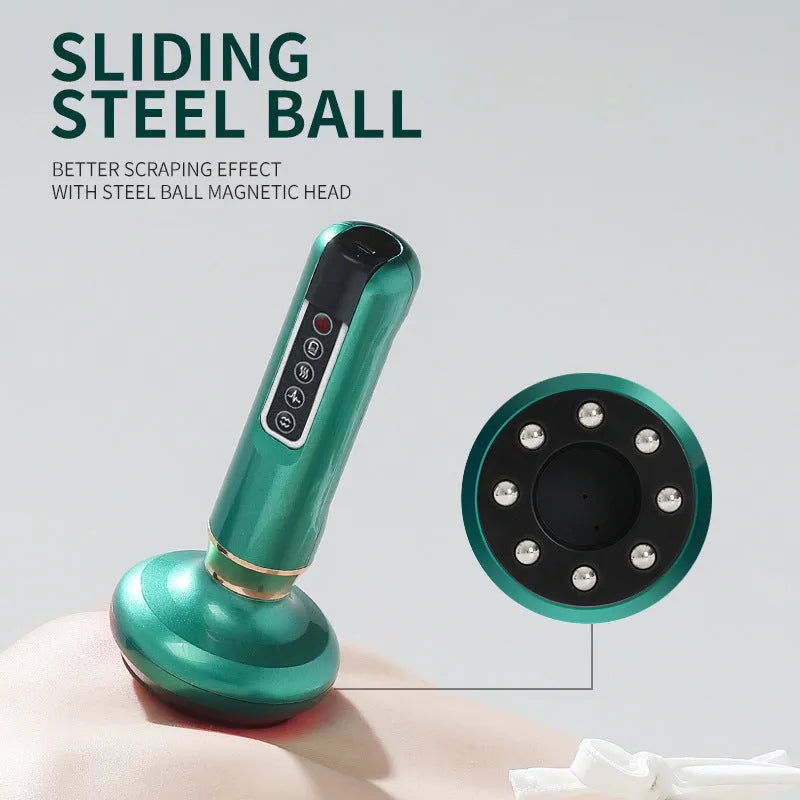 Green electric vacuum cupping massager with Gua Sha head on USB charging cable