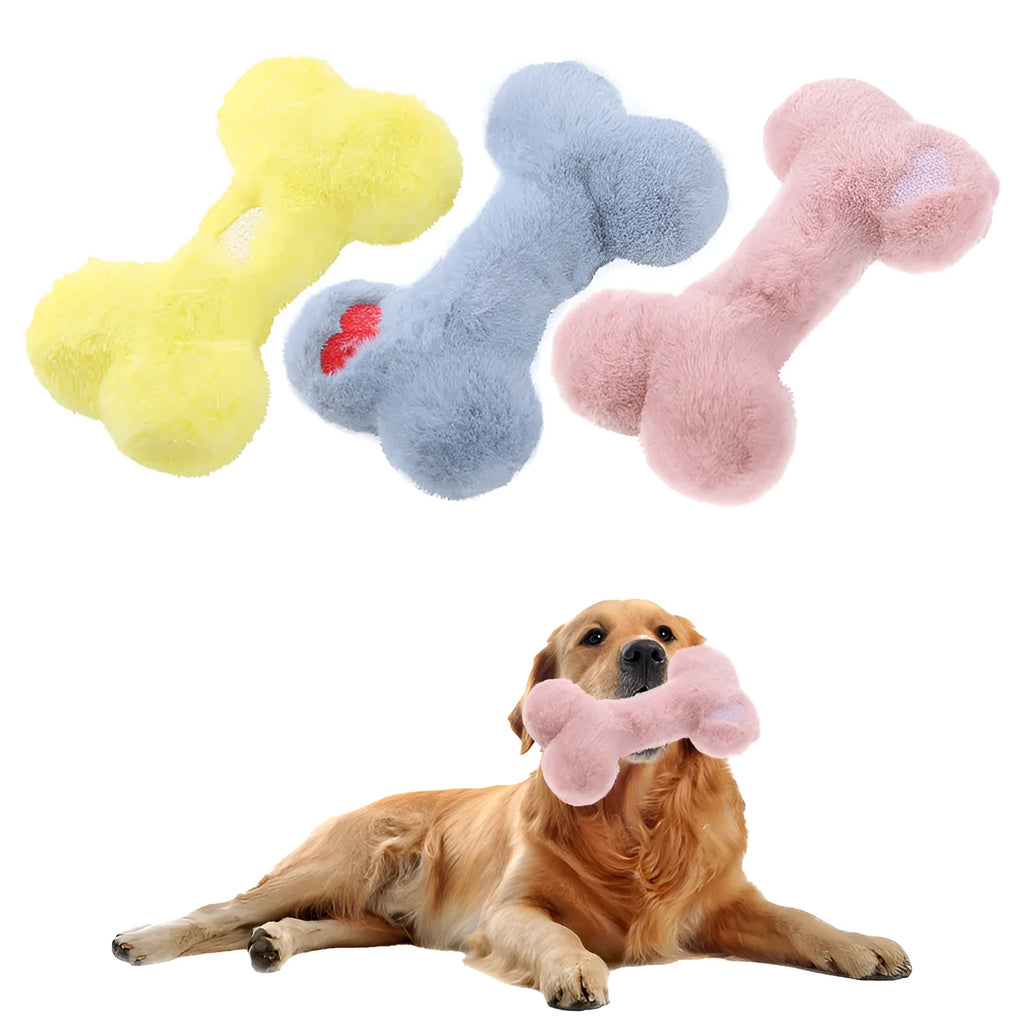 Blue love bone shaped plush dog toy with a squeaker, on a neutral background