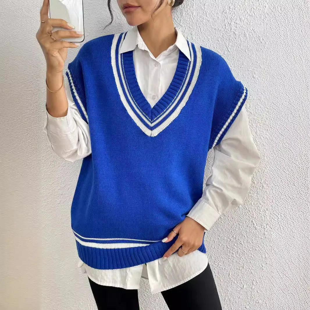 Women's casual wool vest sweater in loose fit free size design showing college style pullover in black blue coffee colour options