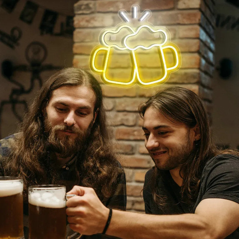 Yellow LED neon sign reading Bar Beer Cheers with acrylic background