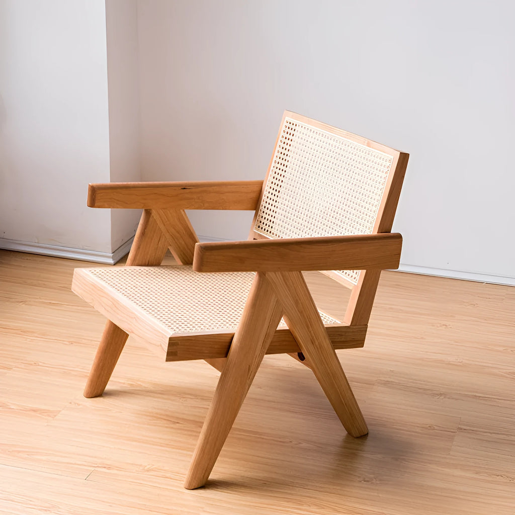Mid-ancient solid wood rattan leisure chair in cherrywood natural colour, 57x74x70cm, for living room or balcony