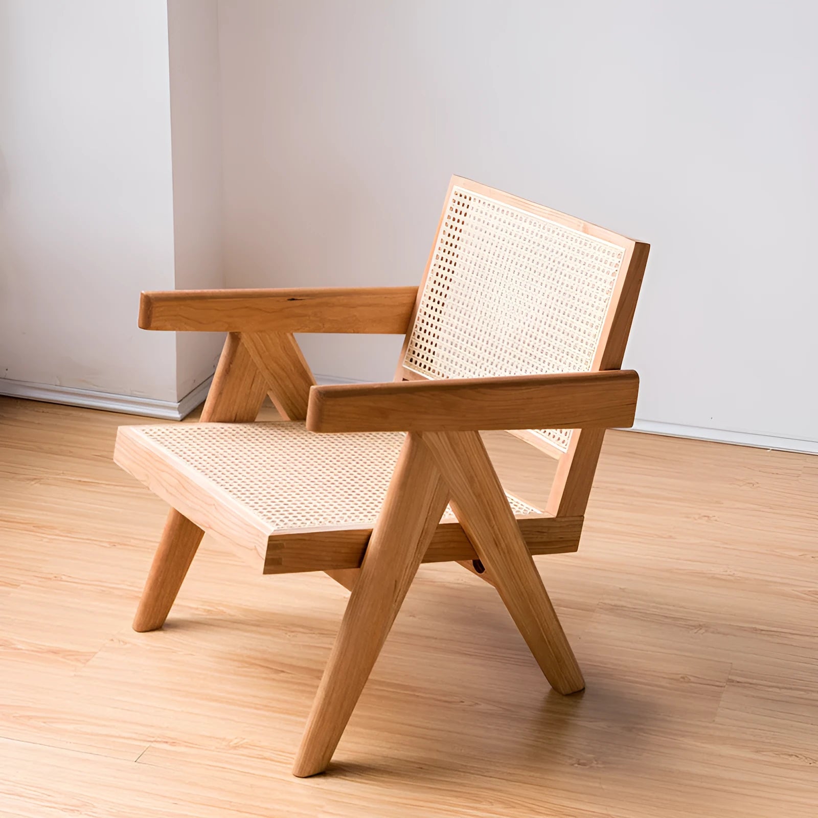 Mid-ancient solid wood rattan leisure chair in cherrywood natural colour, 57x74x70cm, for living room or balcony