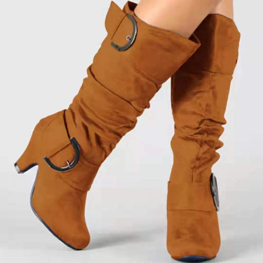 Women's brushed velvet suede high-cylinder boots with tapered heel, round toe, solid colour