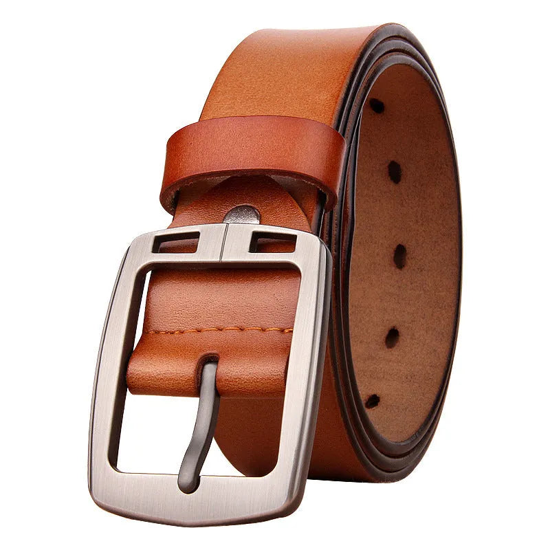 Genuine leather retro men's belt with alloy pin buckle, black colour, 120cm length, on plain background