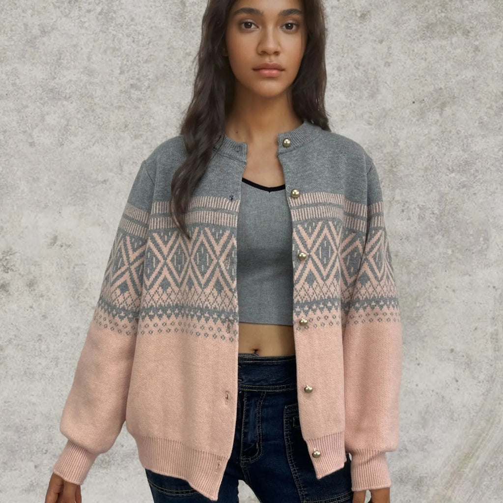 Grey women's alpaca wool cardigan with diamond knit pattern and contrast colour long sleeves.