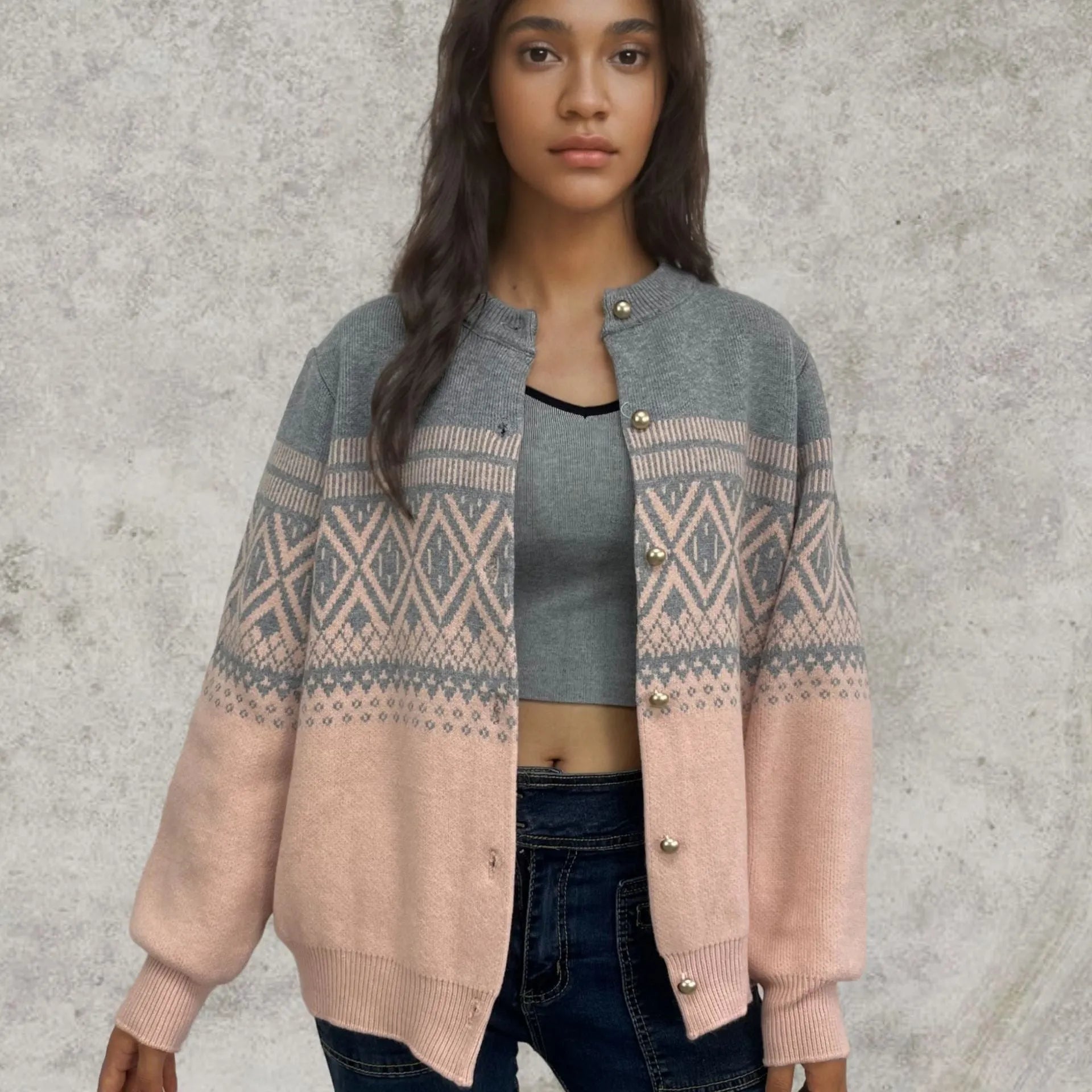 Grey women's alpaca wool cardigan with diamond knit pattern and contrast colour long sleeves.