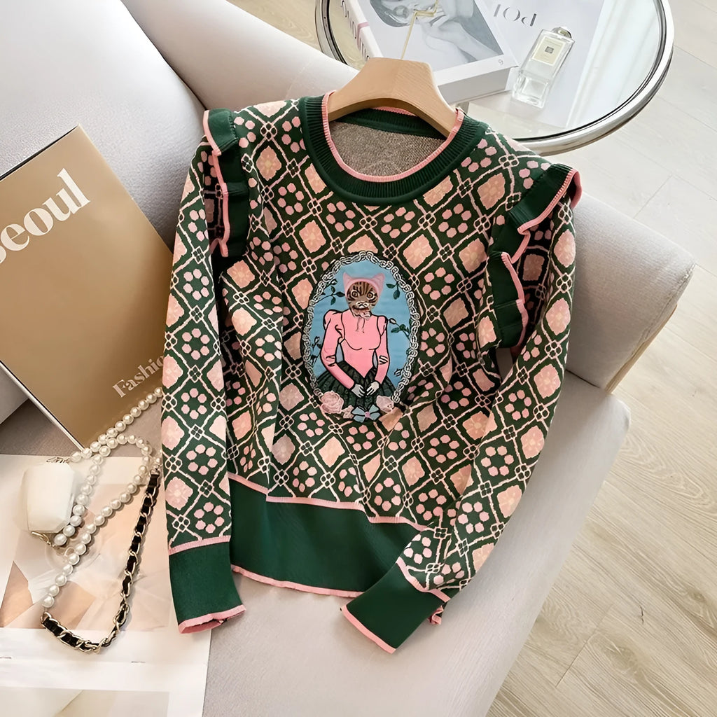 Green printed loose-fit sweater for women, shown on a hanger.