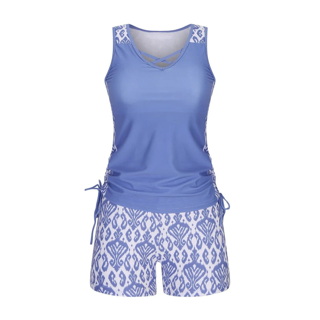 Women's floral printed lace two-piece swimsuit with matching top and shorts for swimming