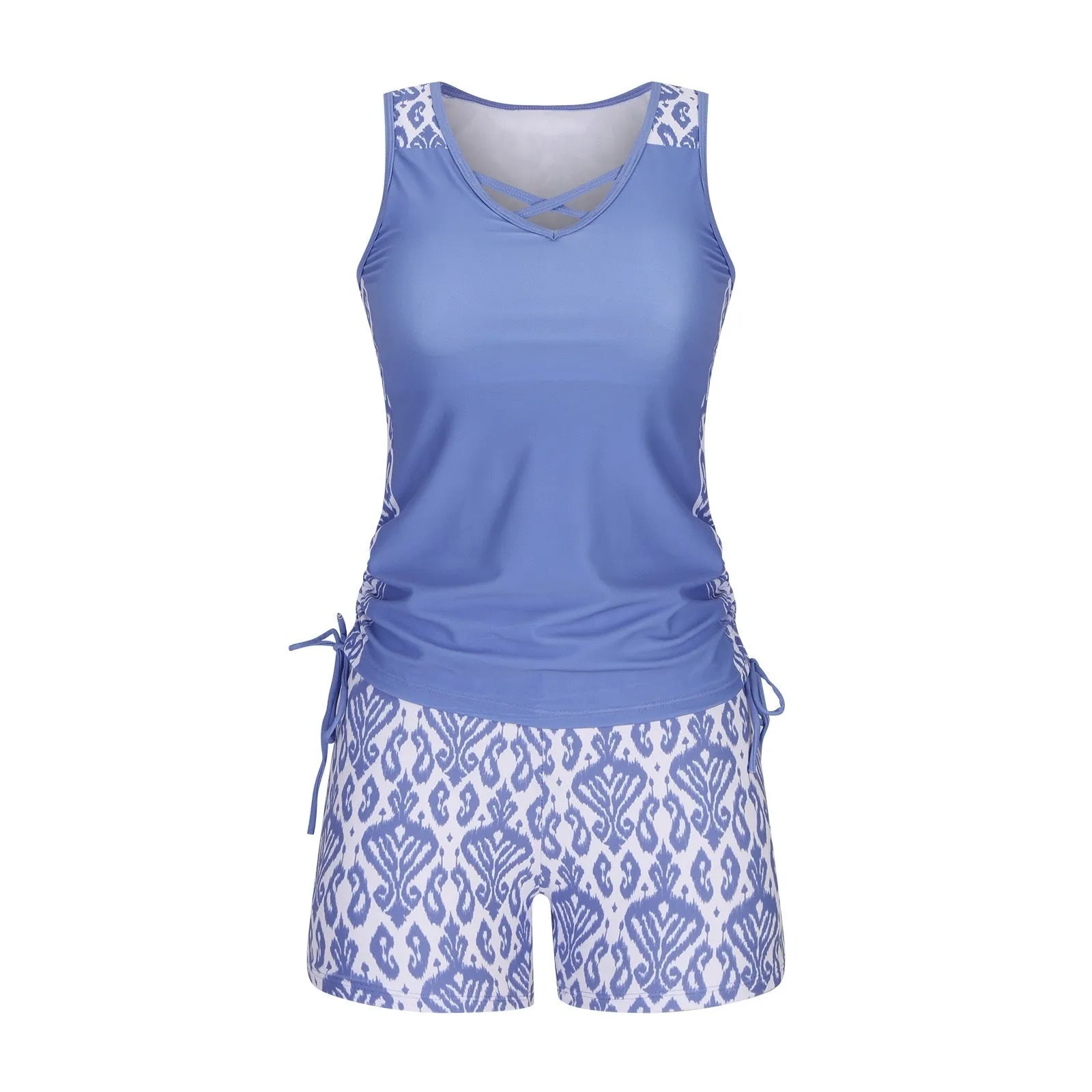 Women's floral printed lace two-piece swimsuit with matching top and shorts for swimming