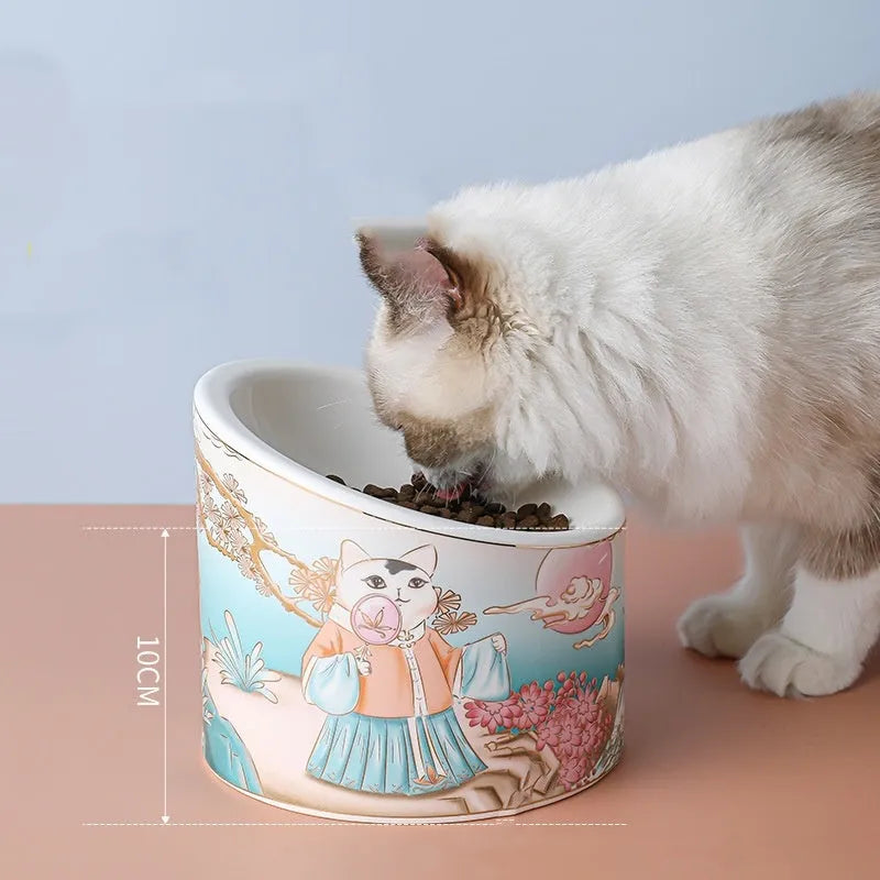 Chinese style ceramic cat bowl with high legs and double slanted mouth compartments