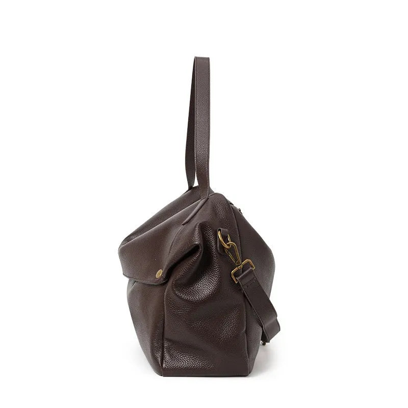Brown genuine leather women's shoulder bag with horizontal square shape and internal organisation compartments