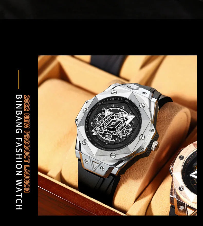 Men's waterproof silicone quartz watch with black leather band and black stainless steel surface