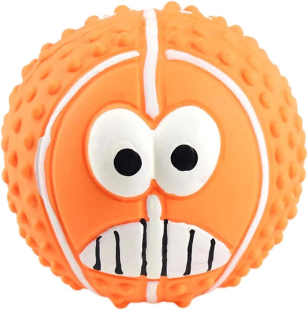 Green, orange, and yellow latex dog balls with smile faces, suitable for small to medium dogs