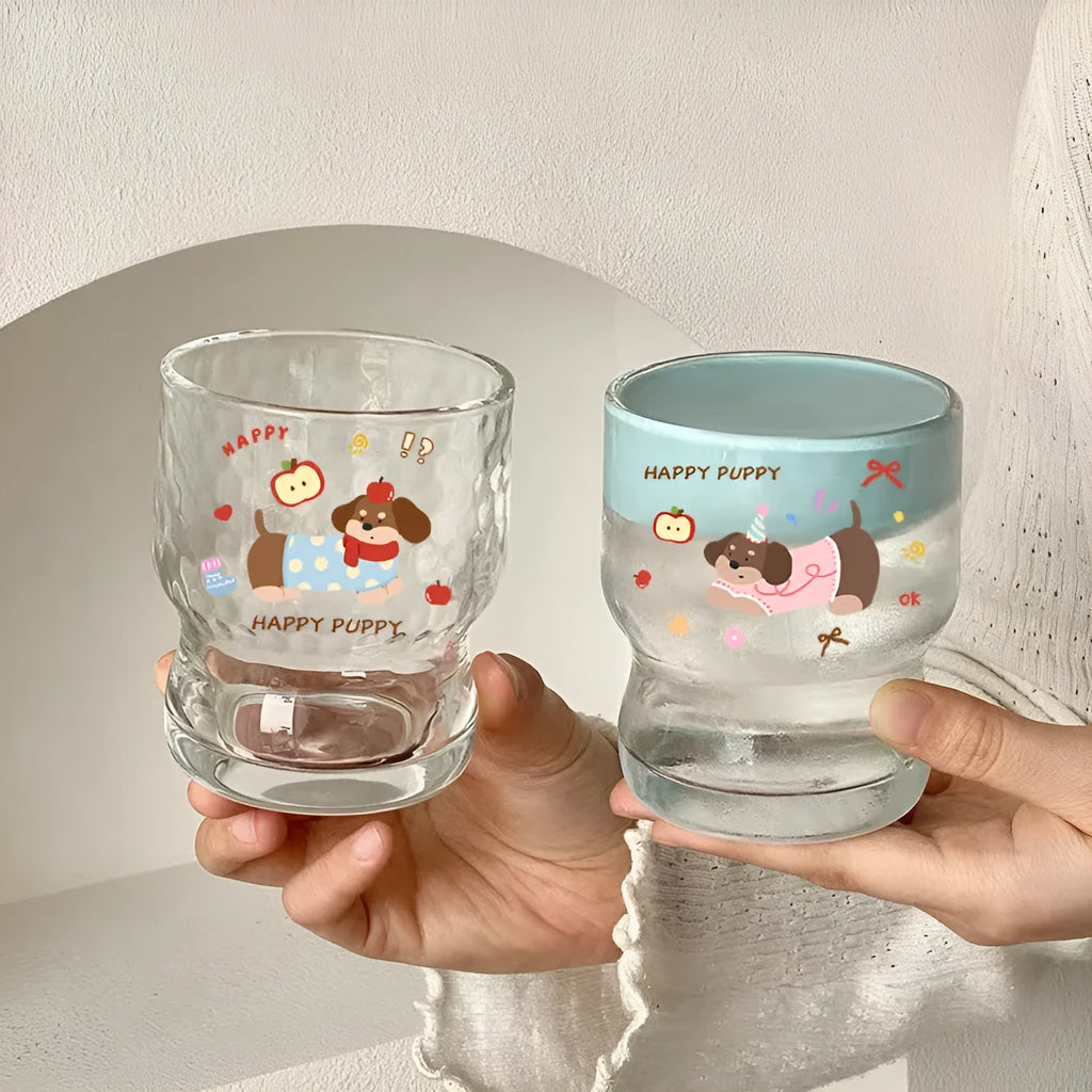 Cartoon 290ml soda lime glass cup with cute blue dog sticker, round shape, single layer, modern simplicity