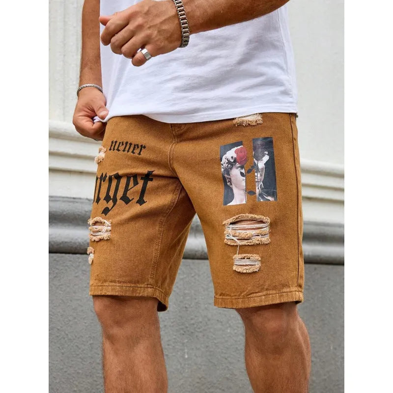 Men's letter printed Do The Old Cowboy shorts in khaki with double layer belt waist